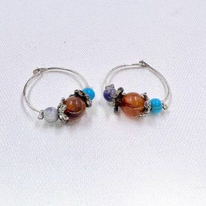 Earth Stone Simple Hoop Silver Tone Earrings